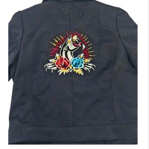 Ed Hardy Christian Audigier Women's Black Panther Moto Biker Jacket Lg Like New